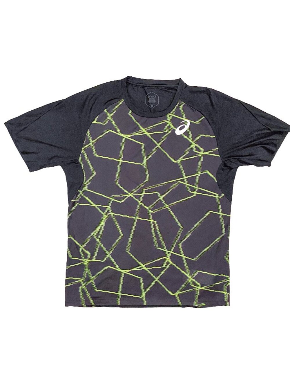ASICS Light Men's Running Shirt Performance Black Neon Green Geometric Sz L